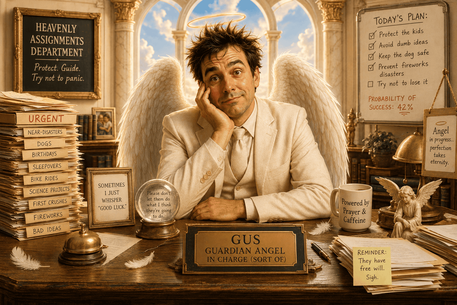 Gus at his heavenly assignments desk, surrounded by paperwork and reminders