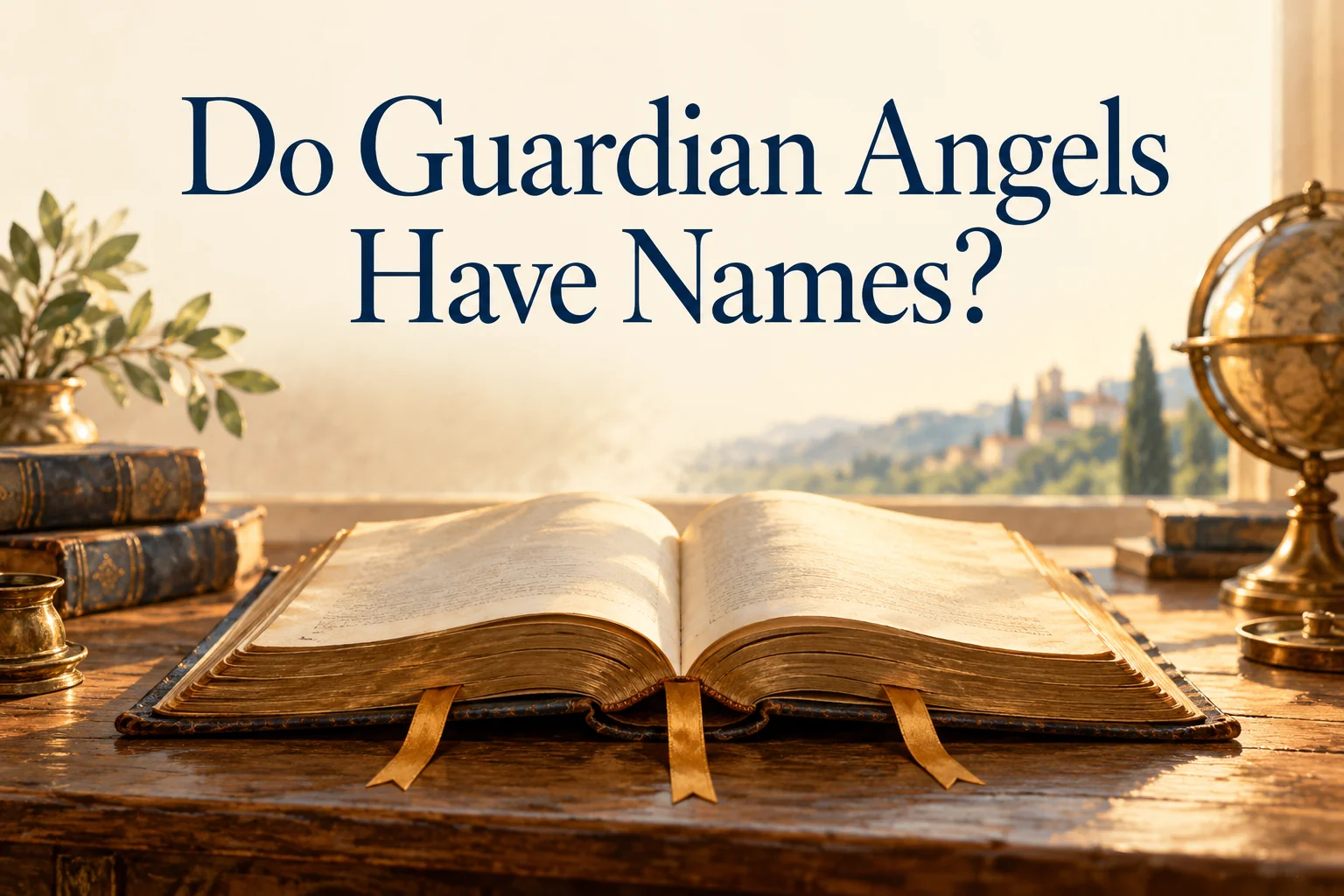 Do Guardian Angels Have Names? — an open book with amber bookmarks on a warmly lit study desk.