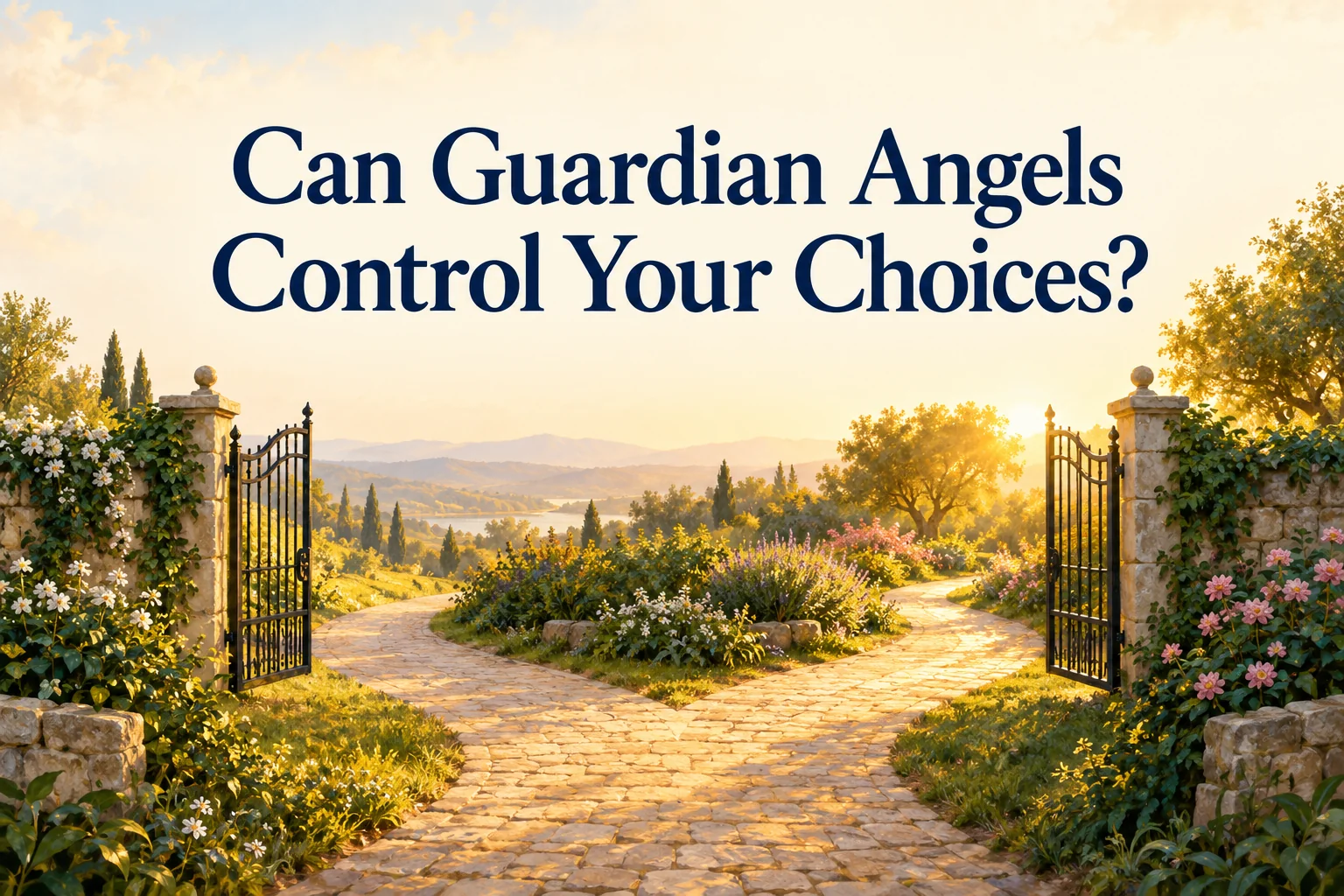 A garden path dividing toward two open gates in amber sunlight, beneath the article title.