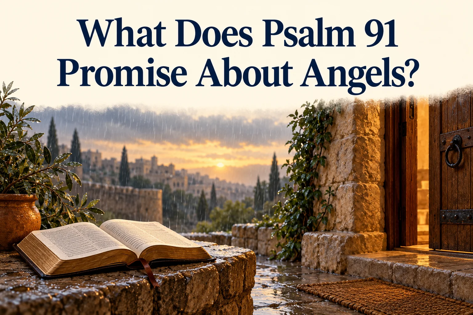 An open psalm book beside a sheltered stone doorway in gentle rain, beneath the article title.