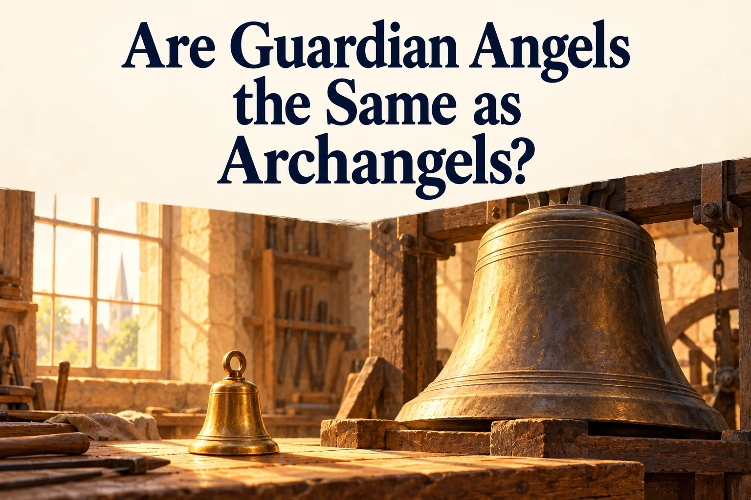 A small bell and a large church bell in a sunlit workshop, beneath the article title.