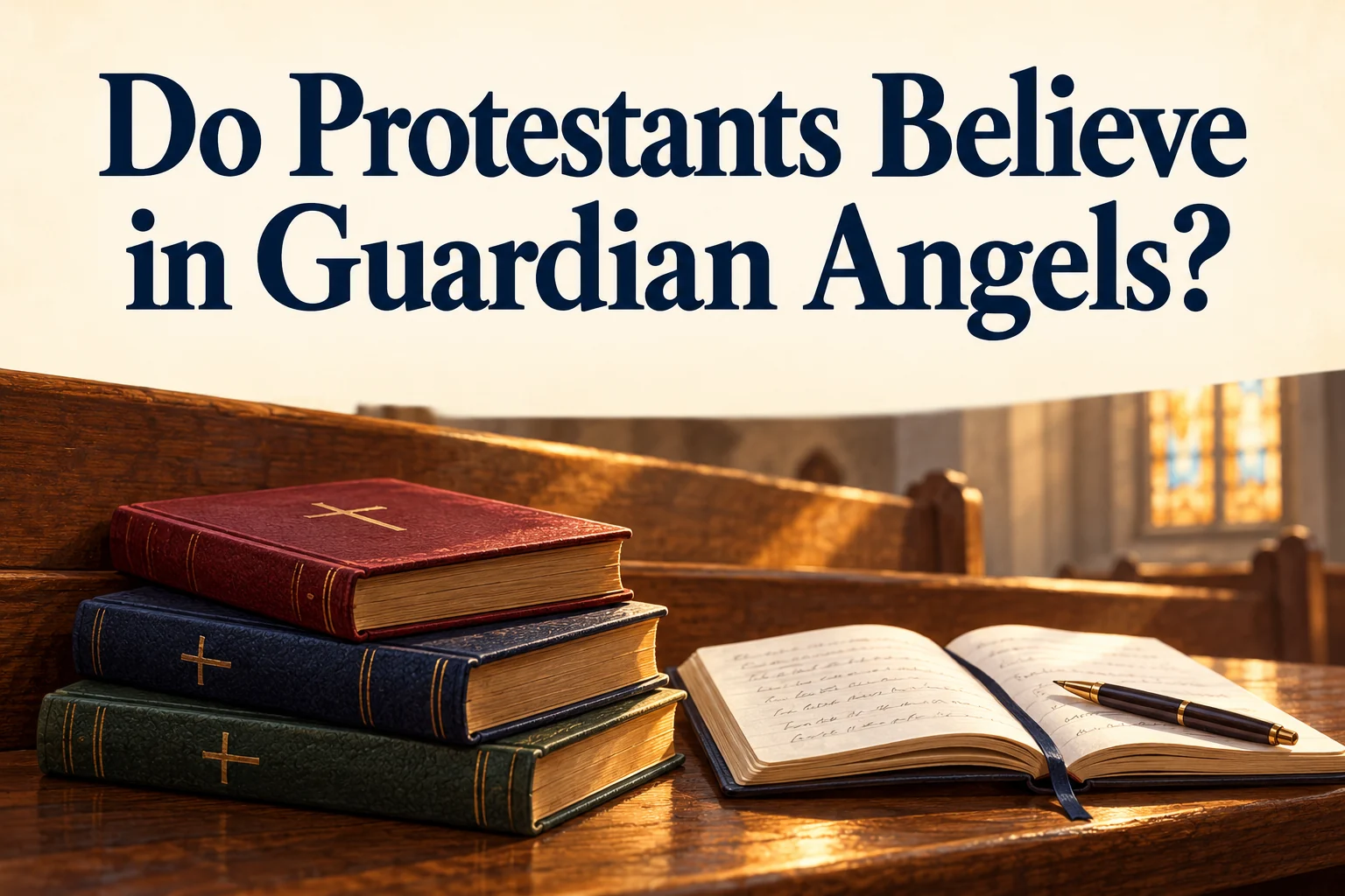 Three hymnals and an open study journal on a wooden church pew beneath the article title.