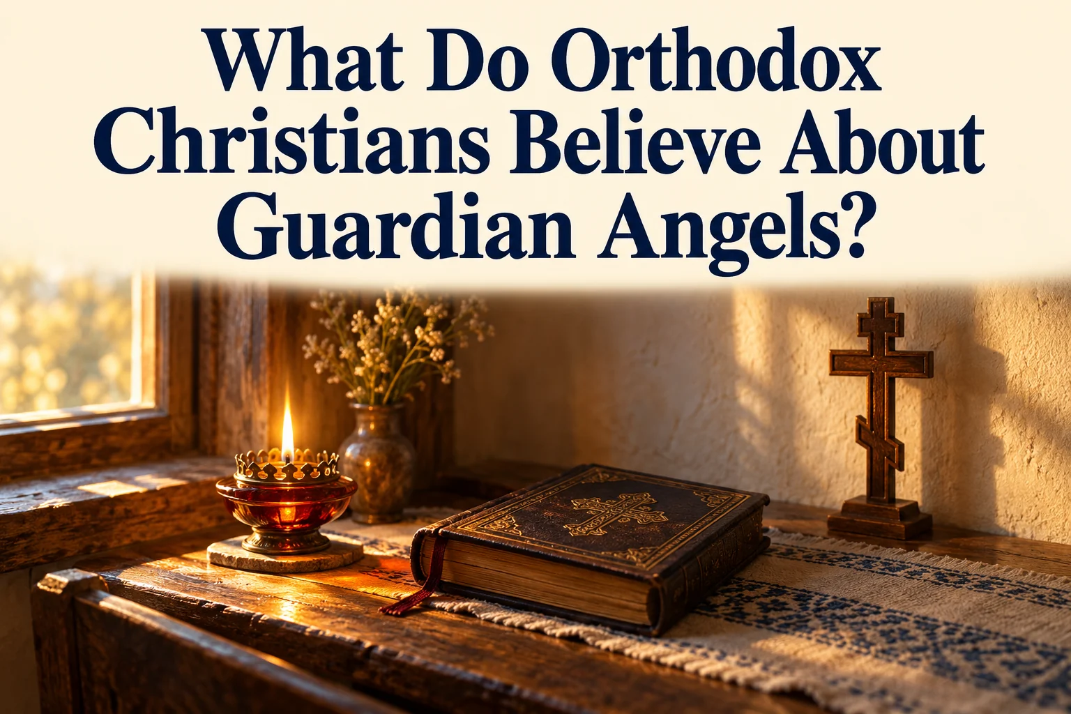 A simple cross, prayer book and small oil lamp in an empty prayer corner beneath the article title.