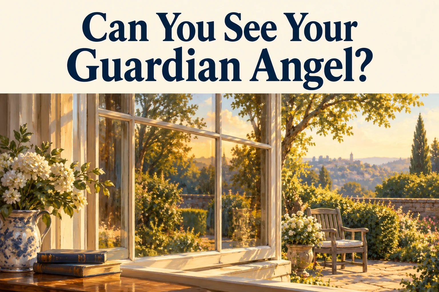 A clear window overlooking a quiet garden and an empty chair beneath the article title.