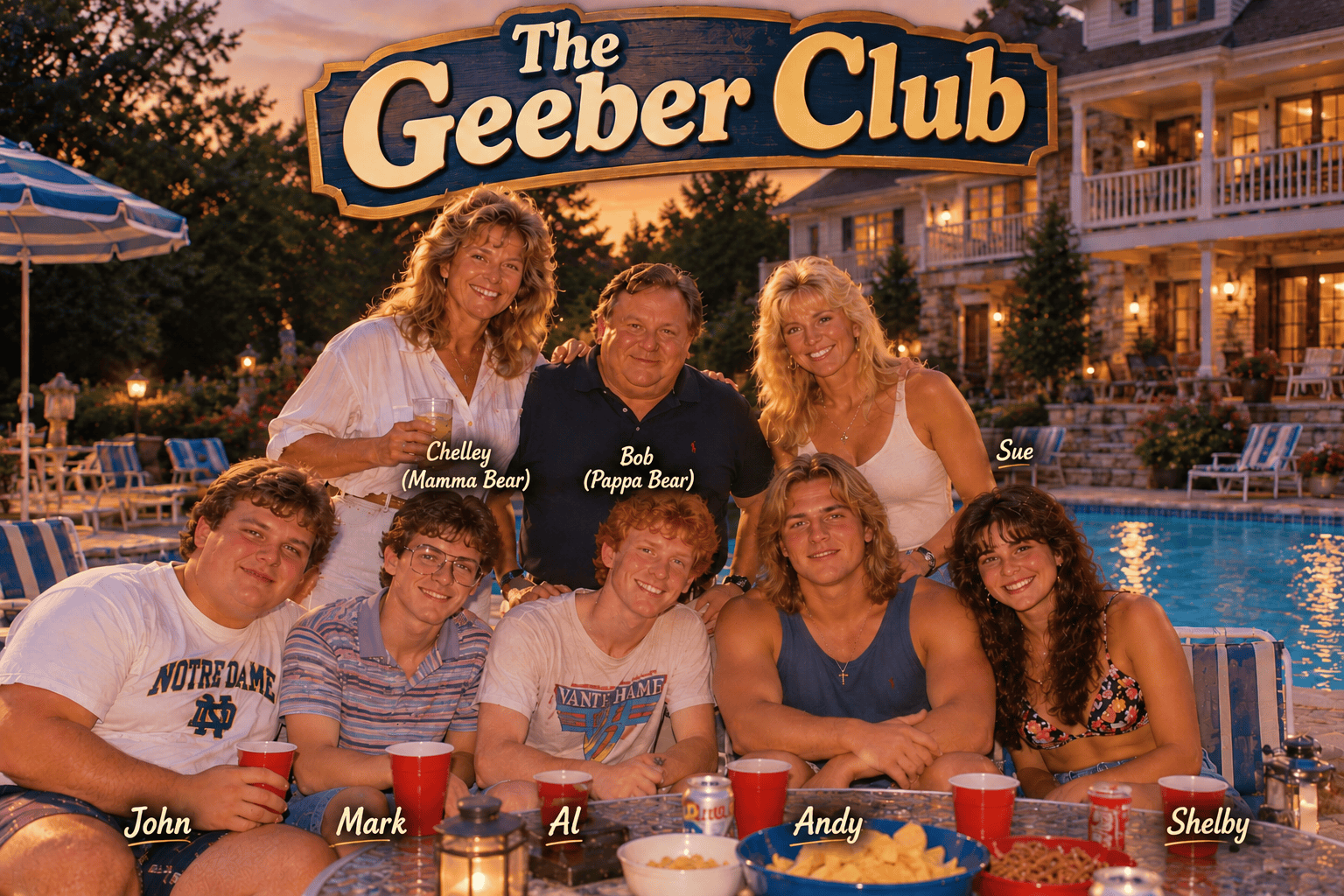 The Geeber Club — friends gathered beside a pool at sunset, in the owner-approved article artwork.