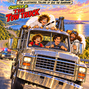 Andy & Gus Issue 8: The Tow Truck by Andrew Richards. Homer and Andy ride in a bare-steel tow truck as Gus clings to the roof and Ben holds on outside the driver’s window.