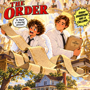 Andy & Gus Issue 5: The Order. Gus wrestles with a long guardian scroll beside Elias above the family’s country home.