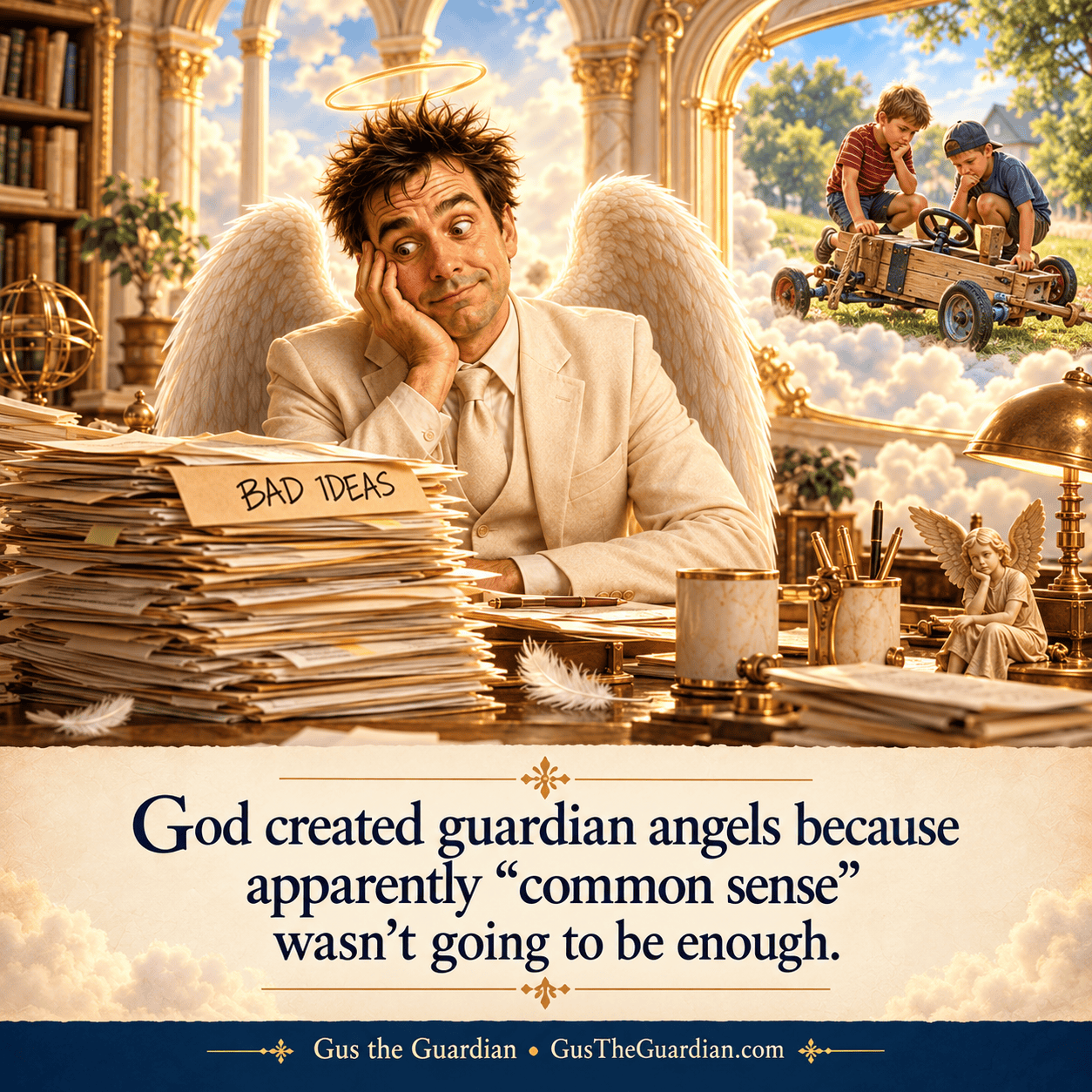 Gus sits at a heavenly desk piled with bad-idea reports as children race a cart.
