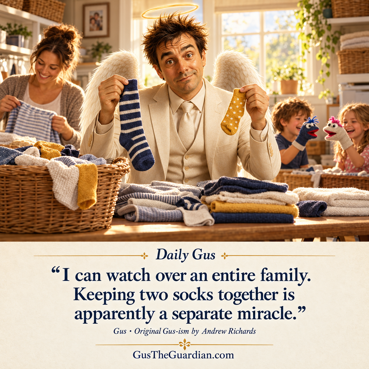Gus holds two mismatched socks at a laundry table while a parent folds clothes and two children perform a sock-puppet show.