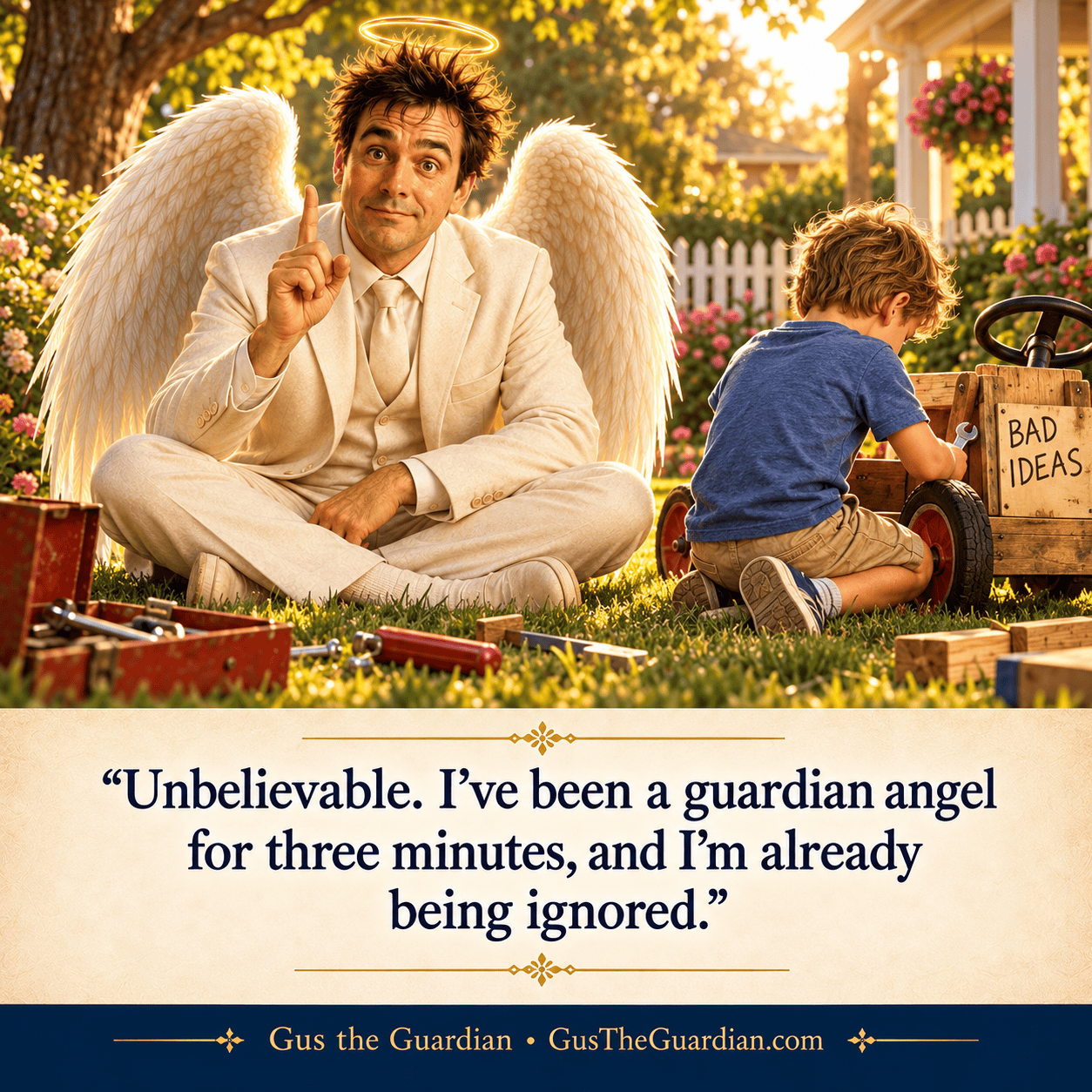 Gus raises a finger while a child tinkers with a cart in a garden.