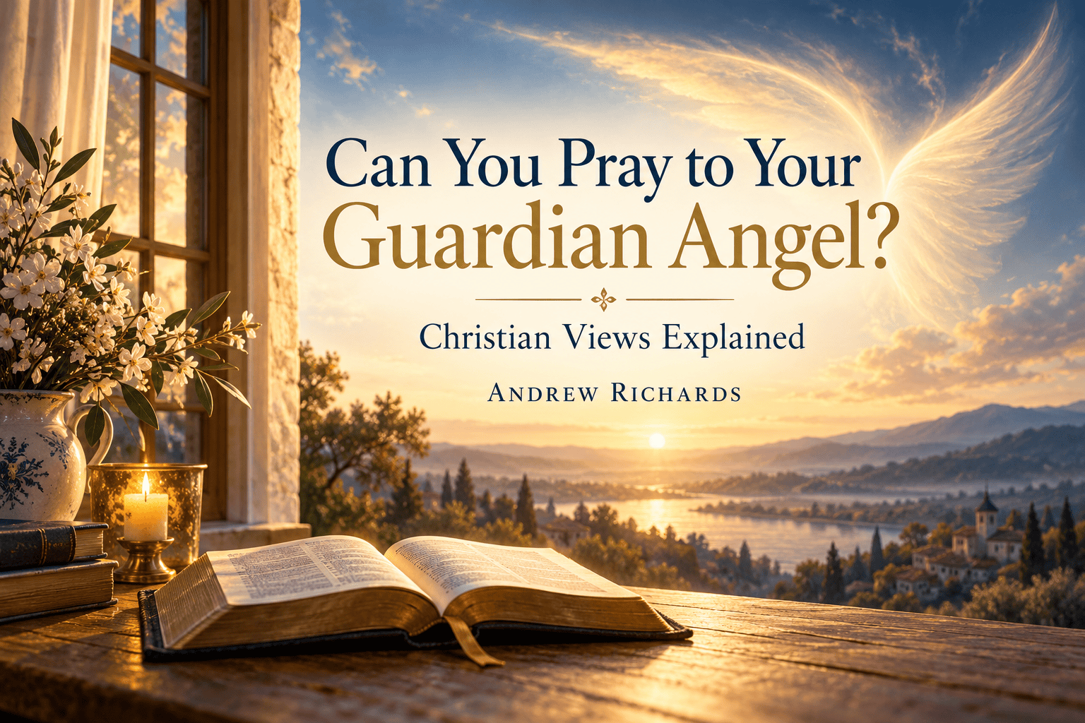 Can You Pray to Your Guardian Angel? Christian Views Explained — conceptual illustration of an open prayer book and dawn light, by Andrew Richards.