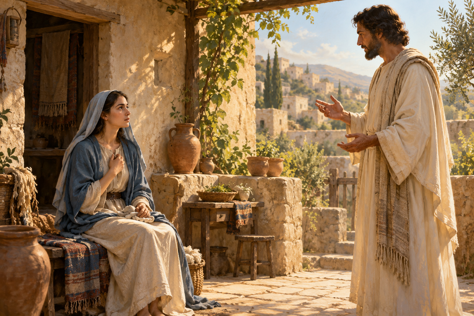 Artistic interpretation of Mary listening to a robed messenger in an ancient courtyard.