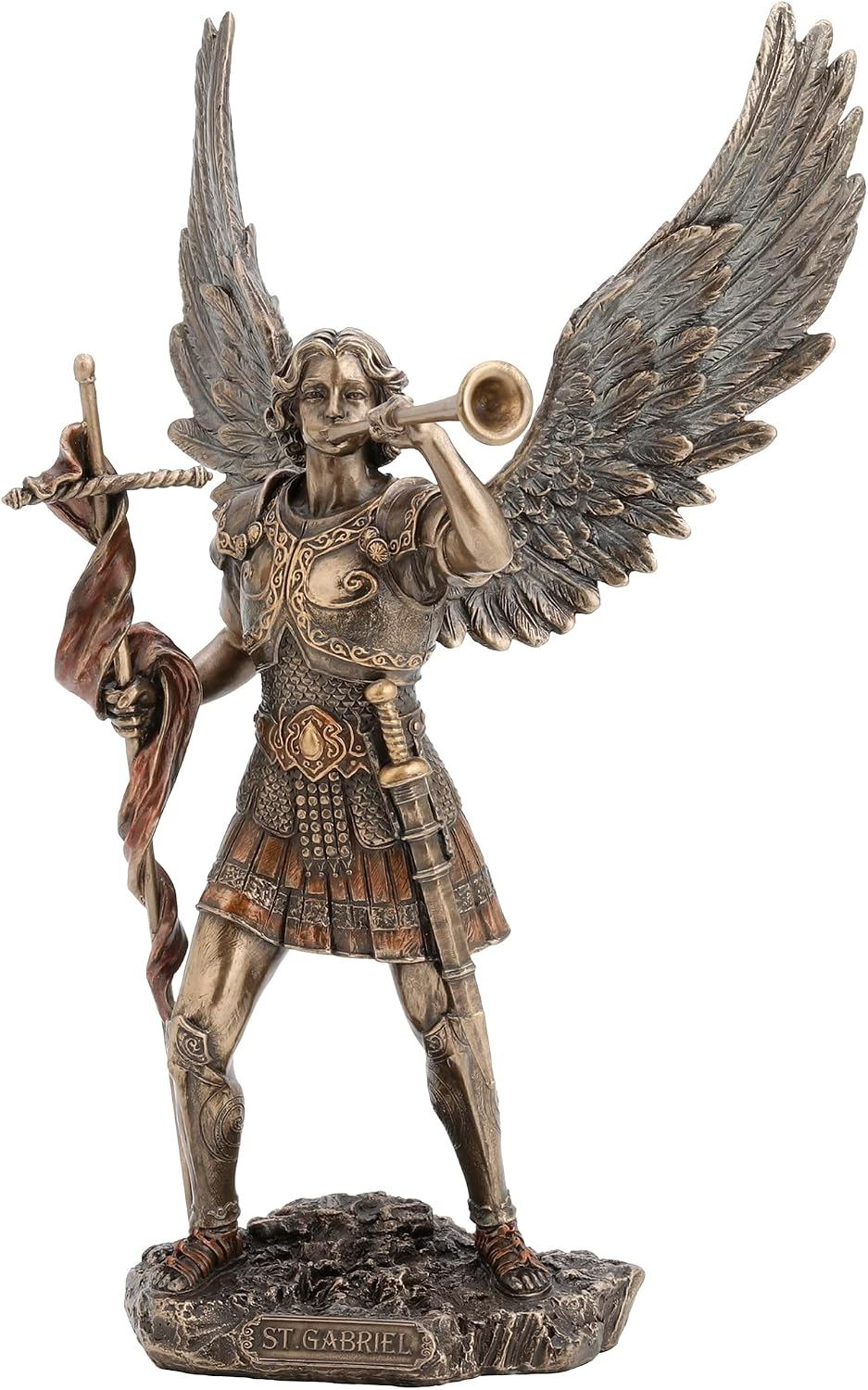 Traditional Gabriel statue with raised wings, a trumpet and a staff, in a bronze-colored finish.