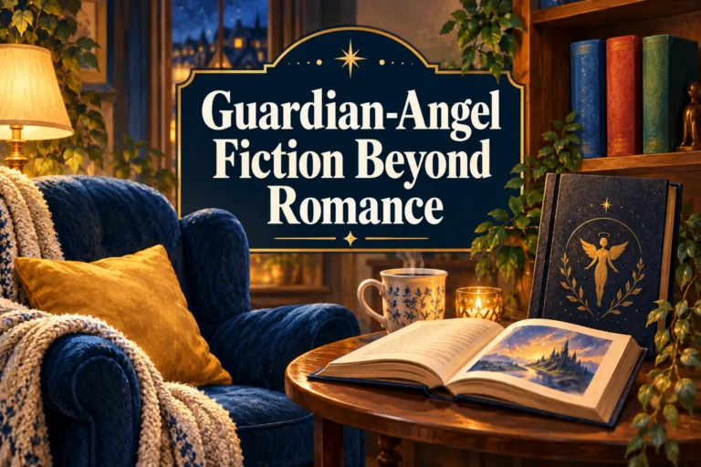 A warm illustrated reading nook beneath Guardian-Angel Fiction Beyond Romance.