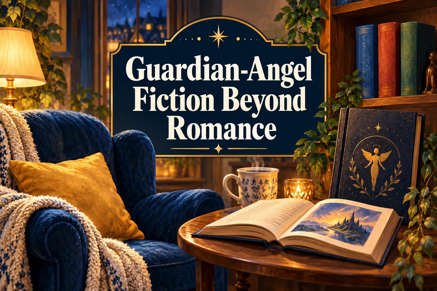 A cozy illustrated reading nook beneath Guardian-Angel Fiction Beyond Romance.