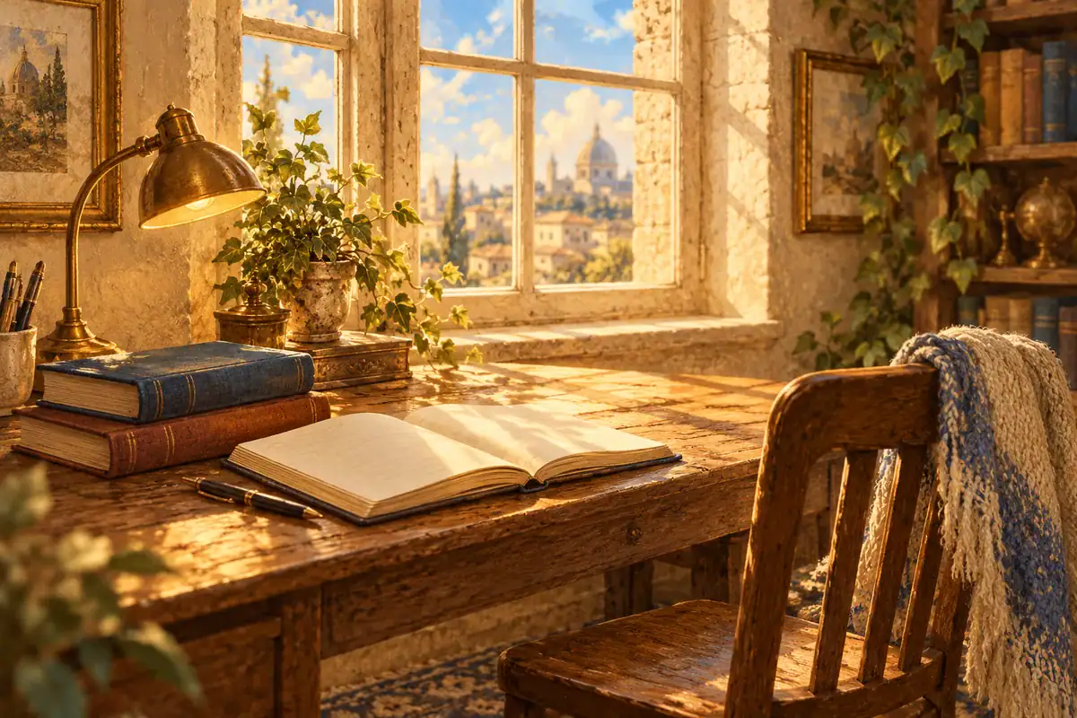 Books and an open notebook beside a quiet window.