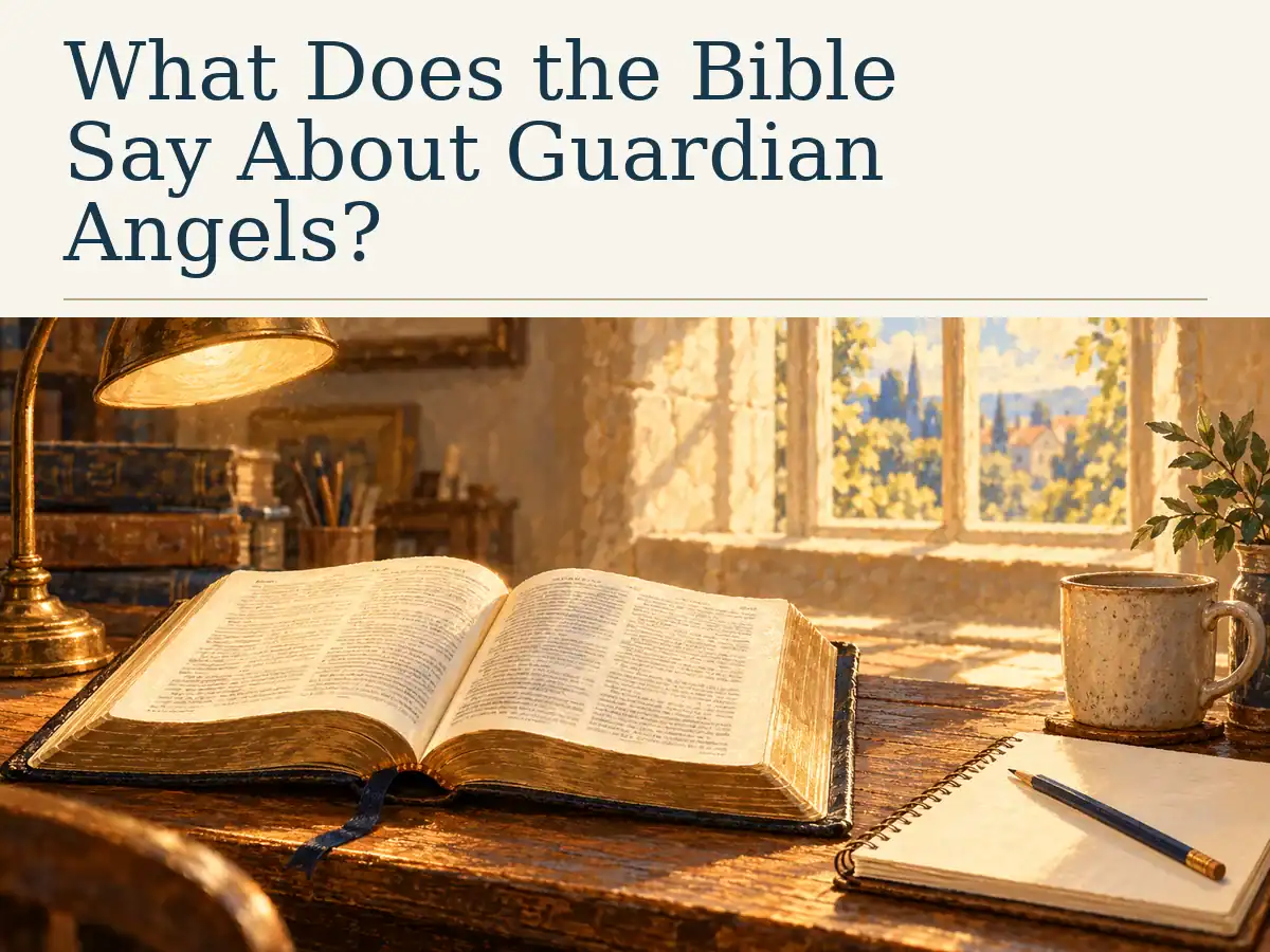 What Does the Bible Say About Guardian Angels? — an open Bible and study journal on a wooden desk.