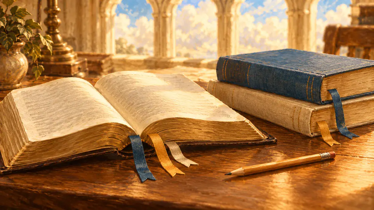 An open Bible, study volumes and ribbon bookmarks.
