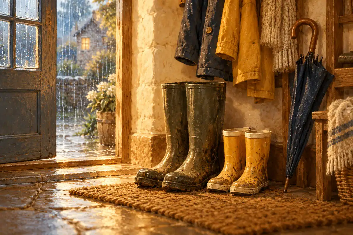 Adult and child rain boots beside a doorway.