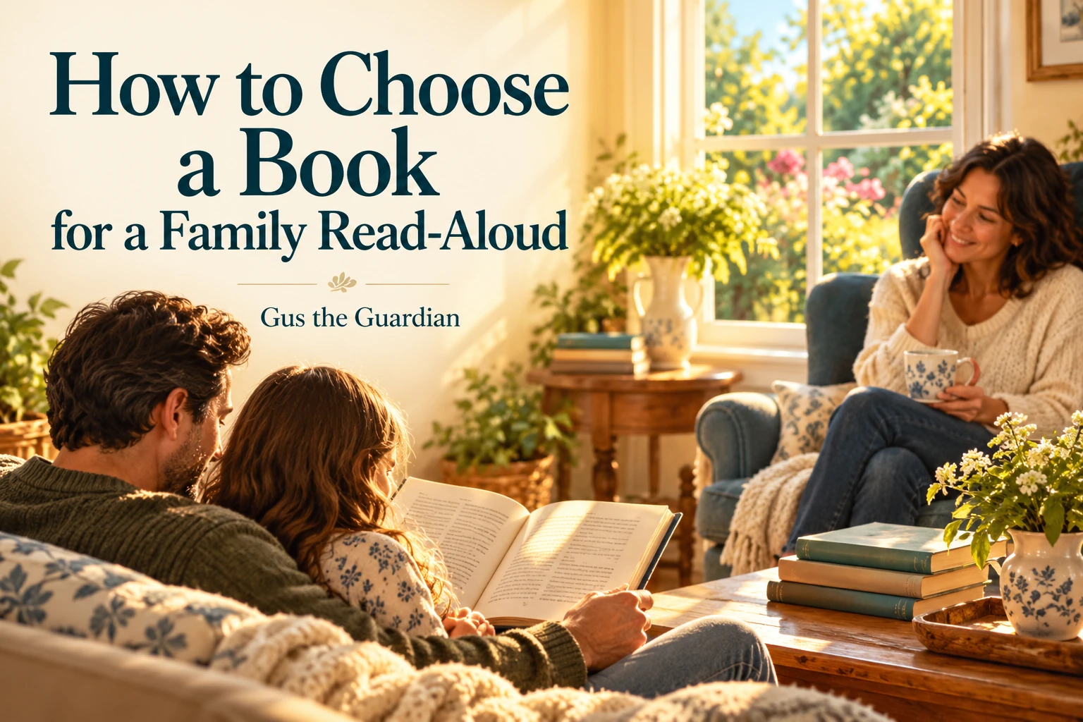 How to Choose a Book for a Family Read-Aloud — an illustrated family shares an open book in a warm reading nook.