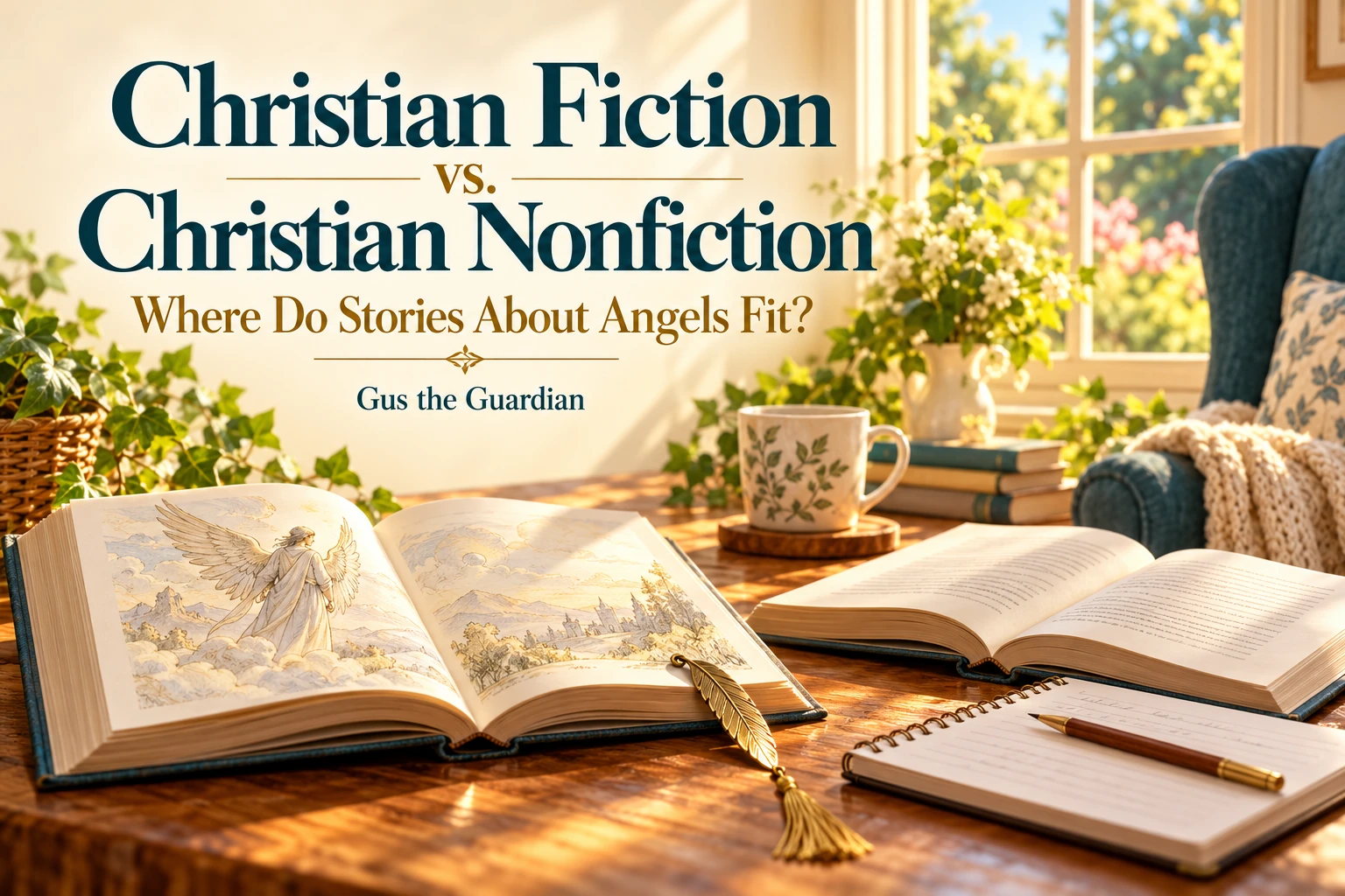 Christian Fiction vs. Christian Nonfiction: Where Do Stories About Angels Fit? — illustrated and text books open on a sunlit reading table.