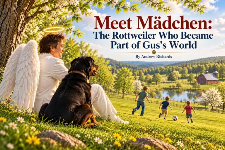 Meet Mädchen: The Rottweiler Who Became Part of Gus’s World — Mädchen sits beside Gus beneath a flowering tree while the Richards boys play.