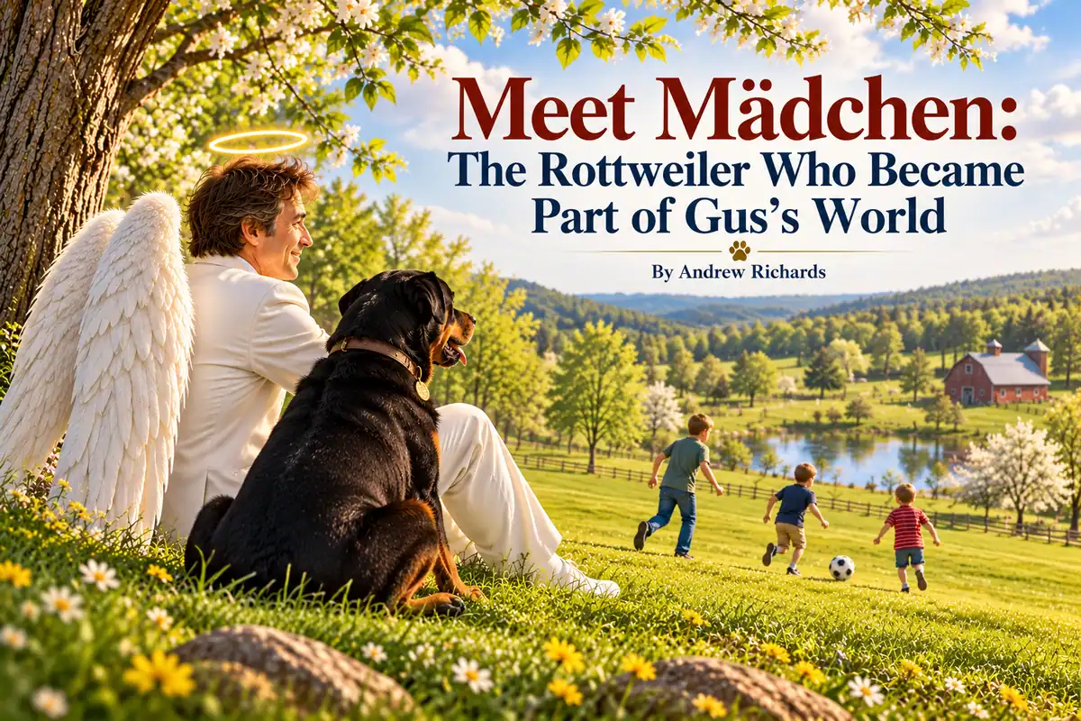 Meet Mädchen: The Rottweiler Who Became Part of Gus’s World — Mädchen sits beside Gus beneath a flowering tree while the Richards boys play.