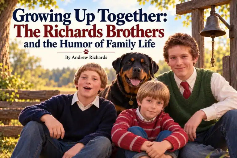 Growing Up Together: The Richards Brothers and the Humor of Family Life — approved illustration of the three brothers with a Rottweiler beside the dinner bell.