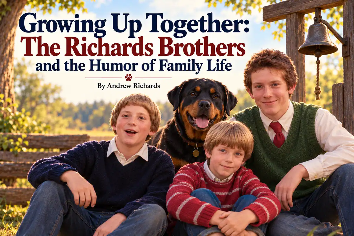 Growing Up Together: The Richards Brothers and the Humor of Family Life — approved illustration of the three brothers with a Rottweiler beside the dinner bell.