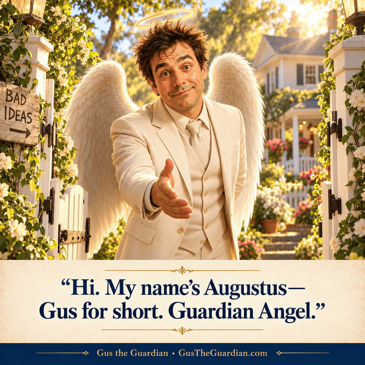 Gus extends a hand in greeting at a sunny garden gate.