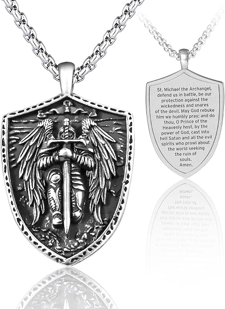 Shield-shaped Saint Michael medal necklace, with front and reverse views shown.
