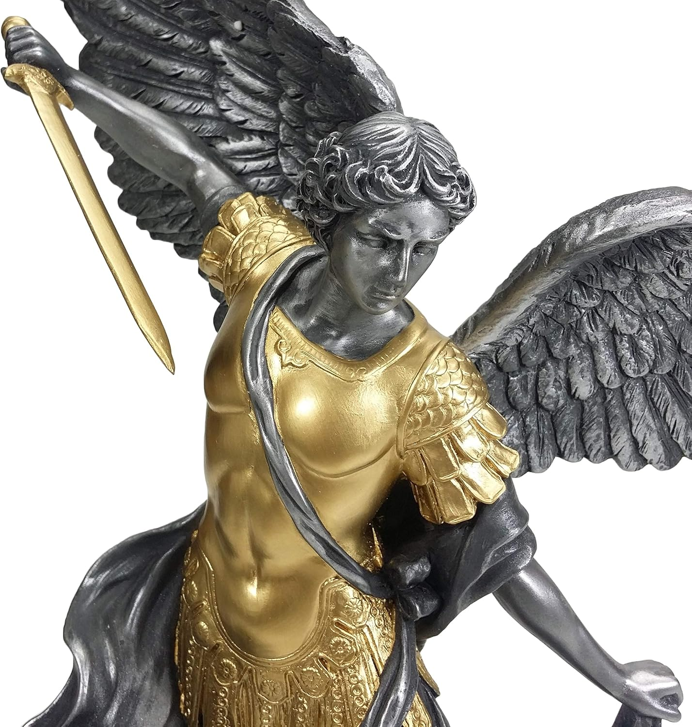 Close-up of the Michael statue’s face, wings, gold-colored armor and raised sword.
