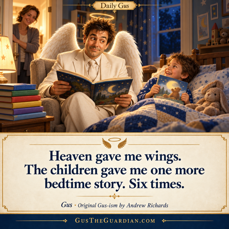 Gus reads beside a child’s bed while the child offers another book and a parent smiles from the doorway.