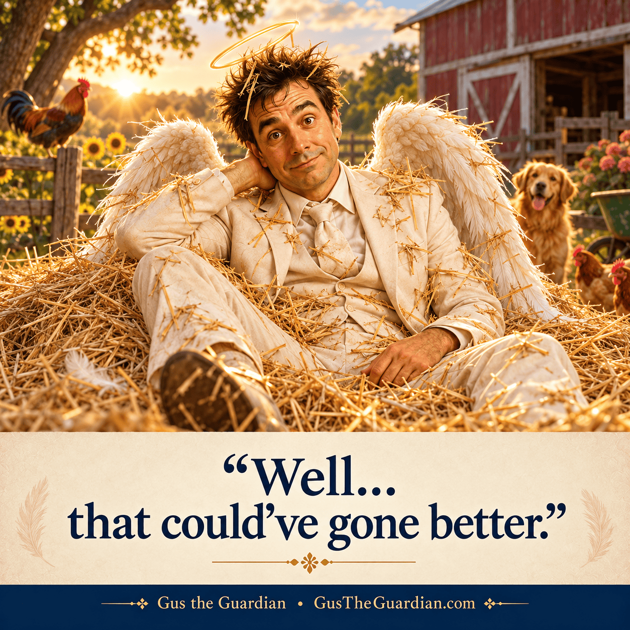 Gus sits in a pile of straw beside a red barn after a rough landing.