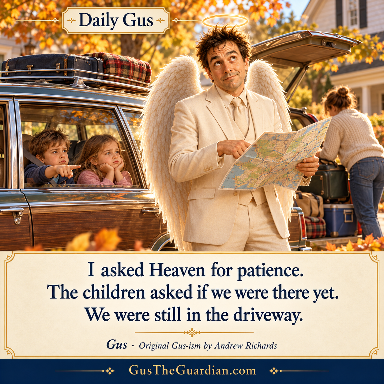 Gus holds a road map beside a parked family station wagon while two impatient children wait inside and a parent finishes packing.